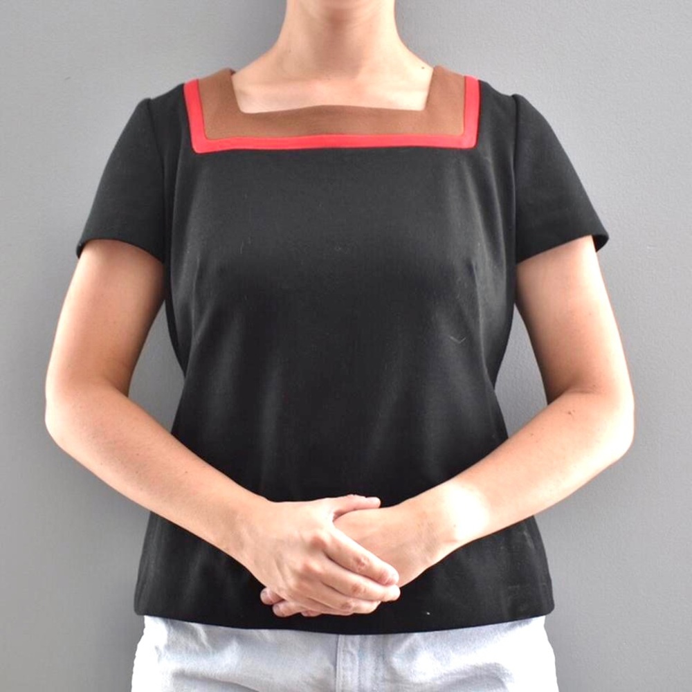 Ann Taylor Loft Black & Red Color Block Collared Business Casual Blouse